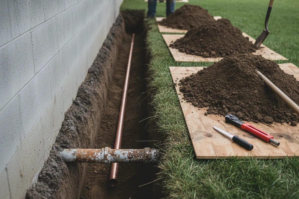 Excavated water line trench during Water Heater Repair in Roseville